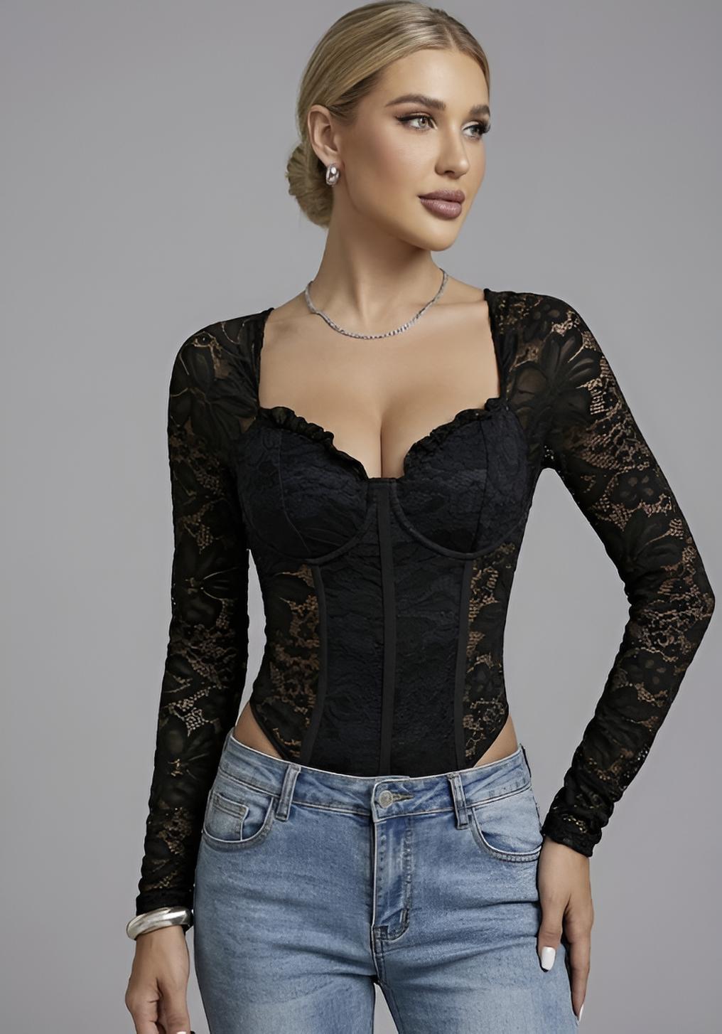 Body à Manches Longues en Dentelle avec Armature et Corset