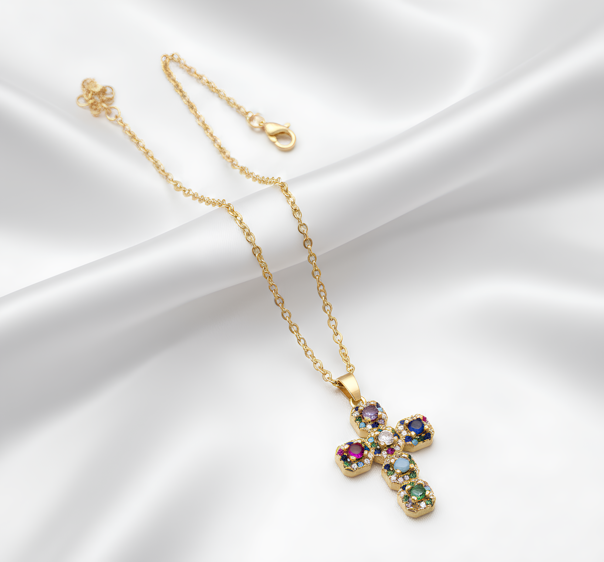 Collier Femme Croix en Zircone Colorée – Acier Inoxydable 304 Plaqué Or 18K