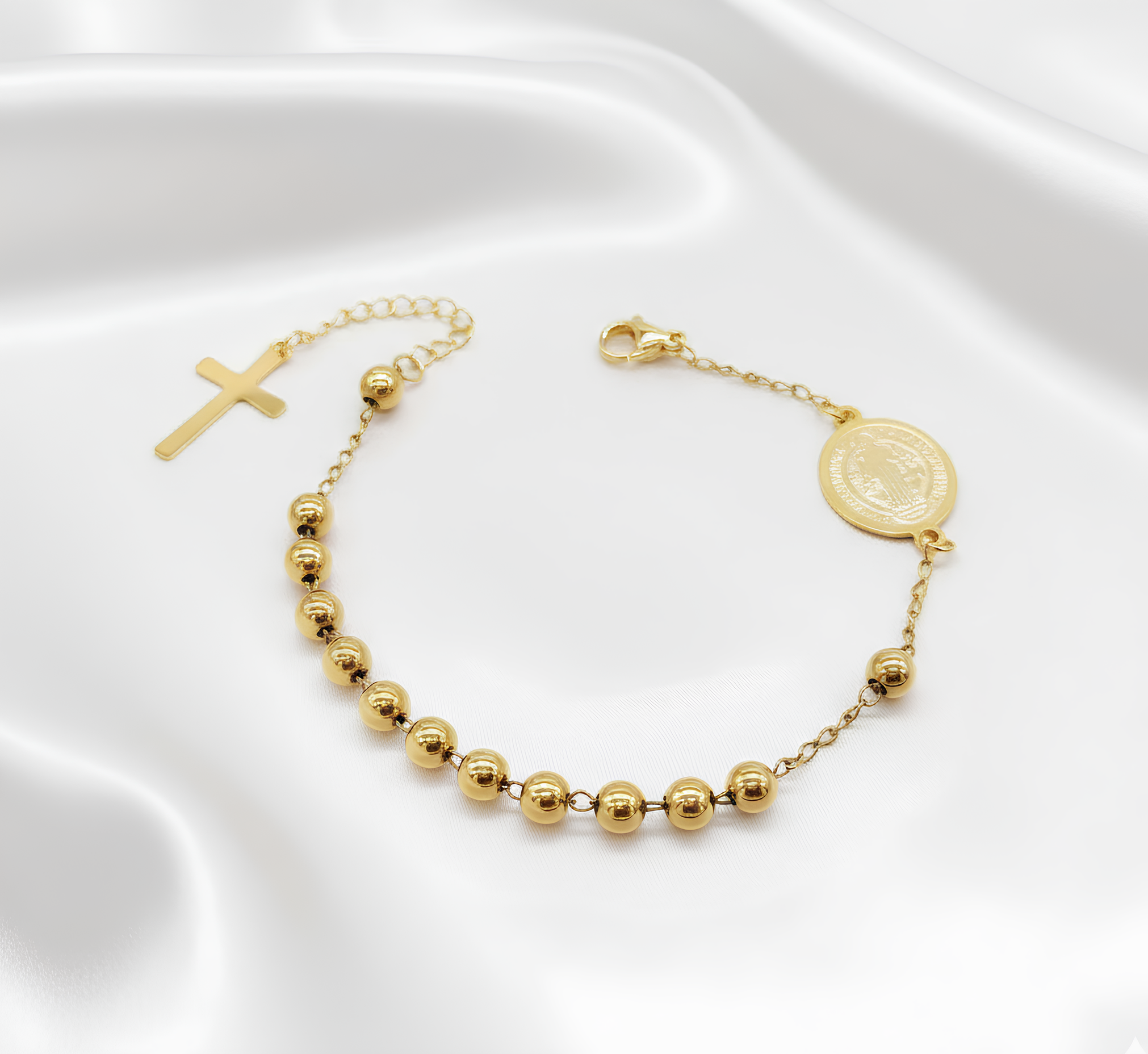 Bracelet Femme Perles et Croix – Acier Inoxydable Plaqué Or 18K