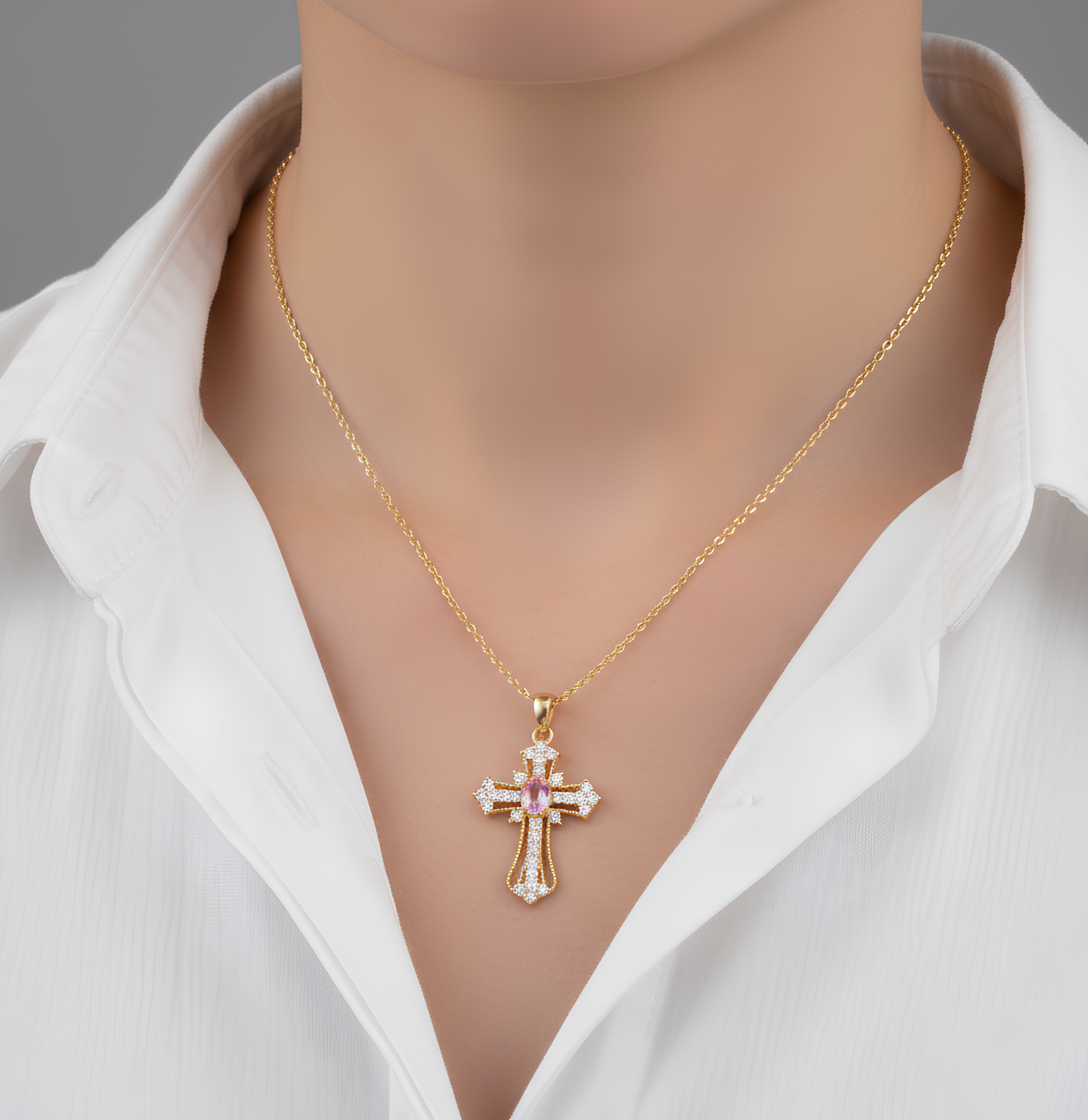 Collier Croix Luxueuse en Cuivre – Zircone Synthétique & Style Hip-Hop Chic