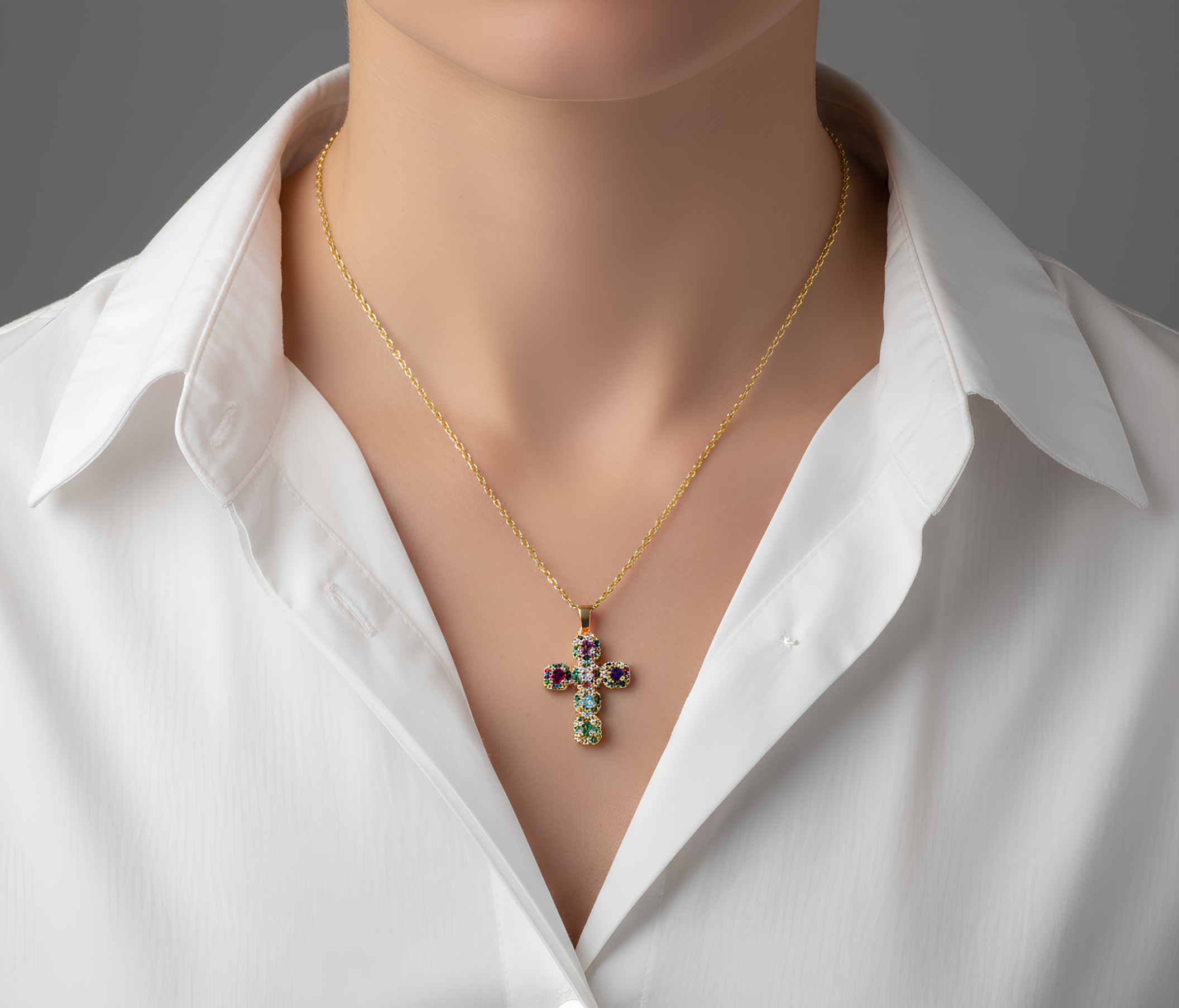 Collier Femme Croix en Zircone Colorée – Acier Inoxydable 304 Plaqué Or 18K