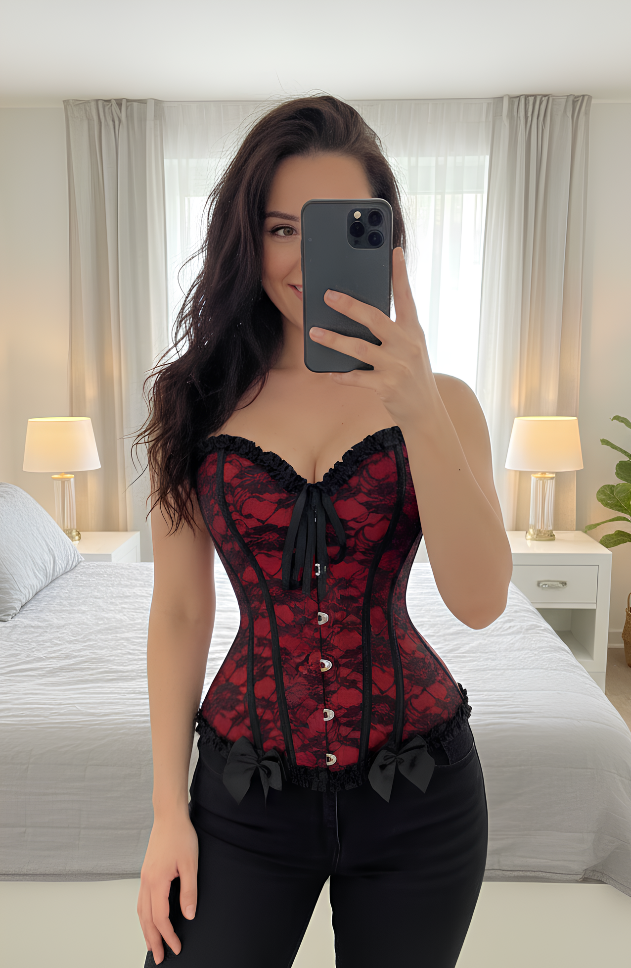 Corset Vintage Rouge en Dentelle – Taille Gainante & Détail Nœud Noir