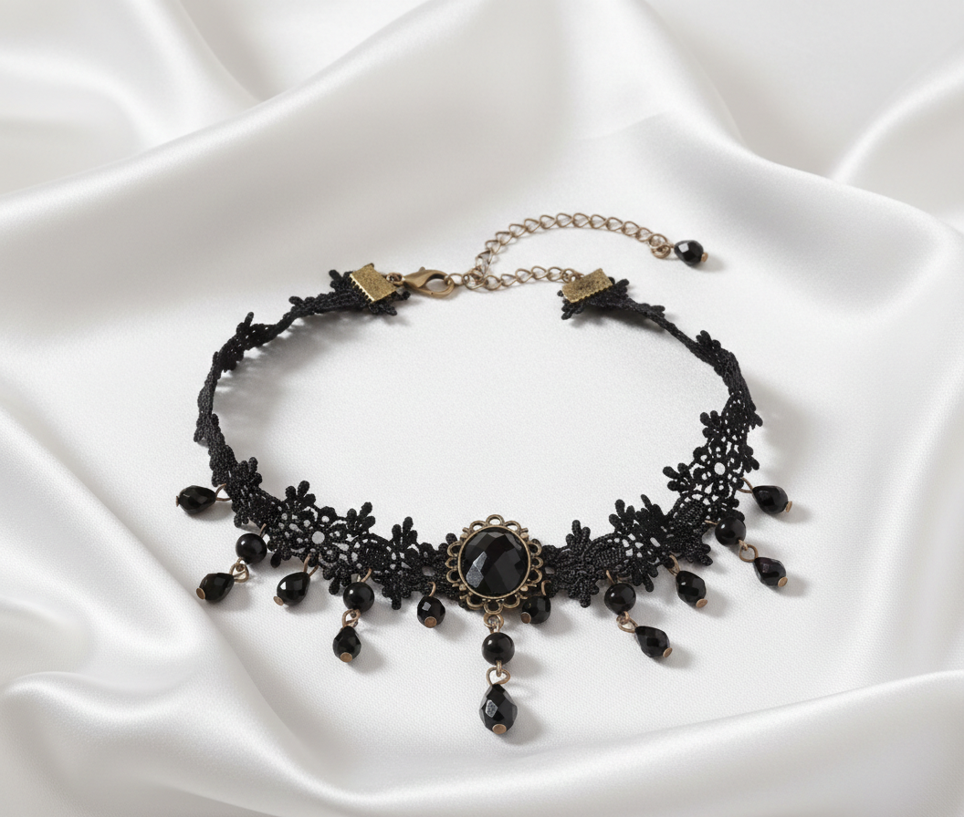 Collier Choker Gothique Noir à Franges en Dentelle – Style Punk & Vintage