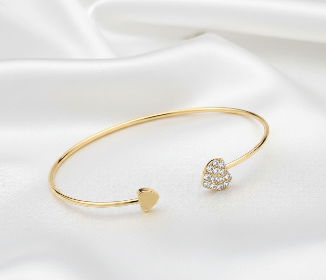 Bracelet Ouvert Femme Cœur – Alliage avec Strass Brillants, Style Vintage & Simple