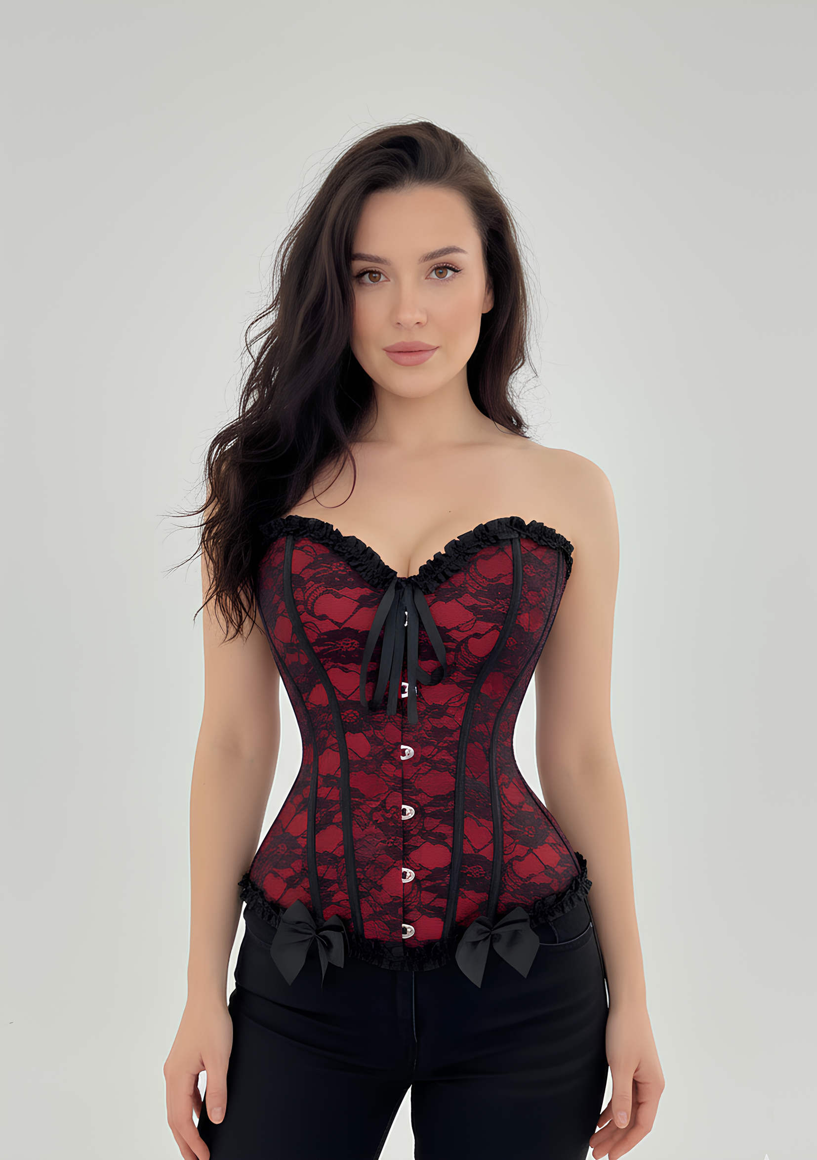 Corset Vintage Rouge en Dentelle – Taille Gainante & Détail Nœud Noir