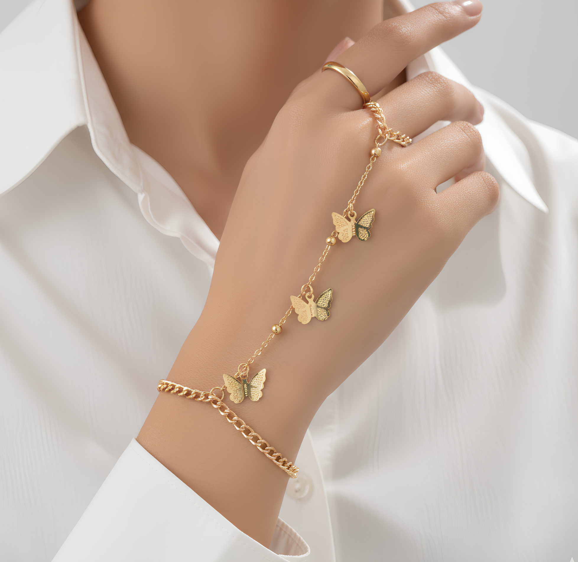 Bracelet Chaîne Papillon Vintage – Alliage de Zinc Plaqué avec Bague, Style Mode