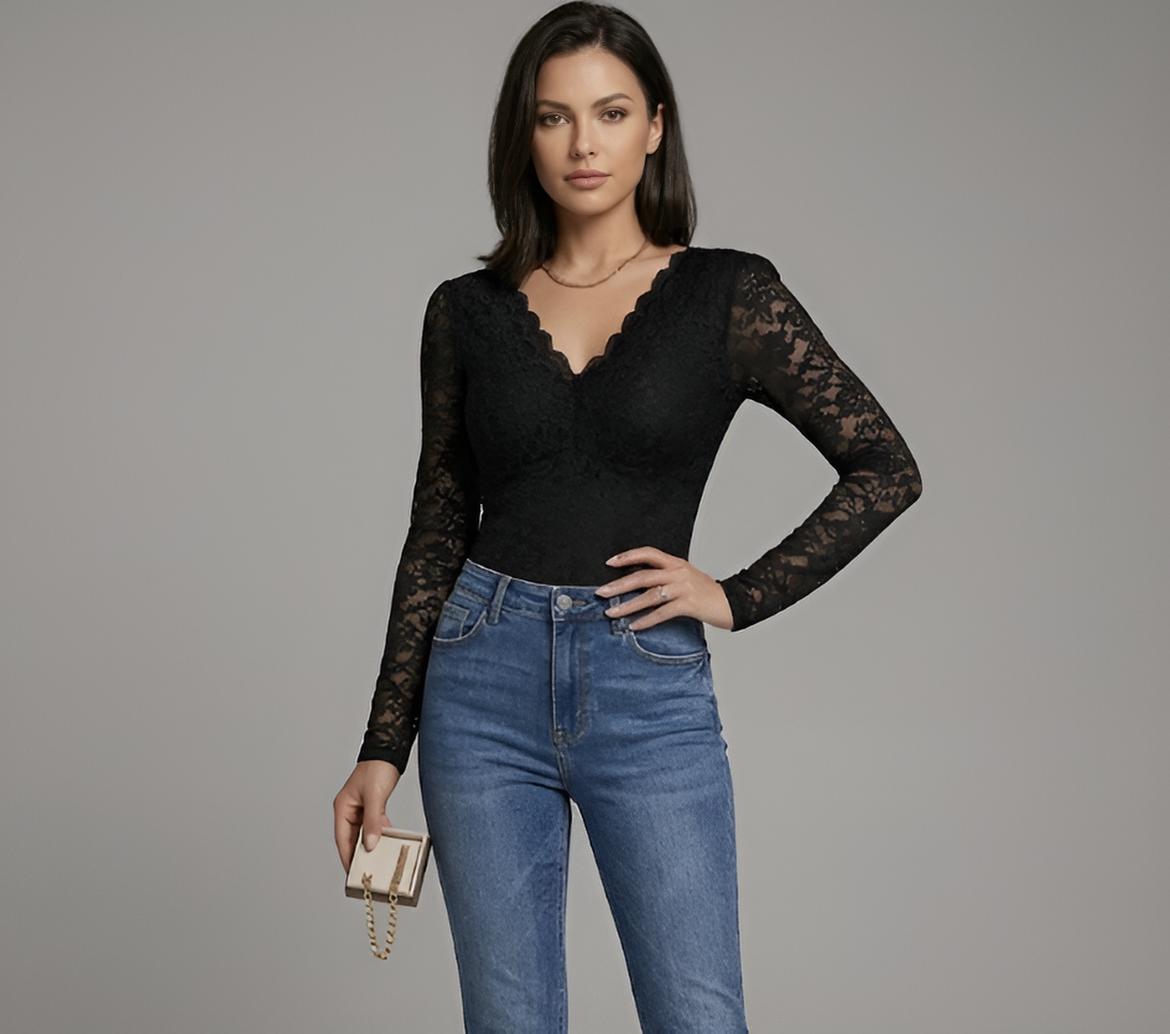 Body en Dentelle à Manches Longues