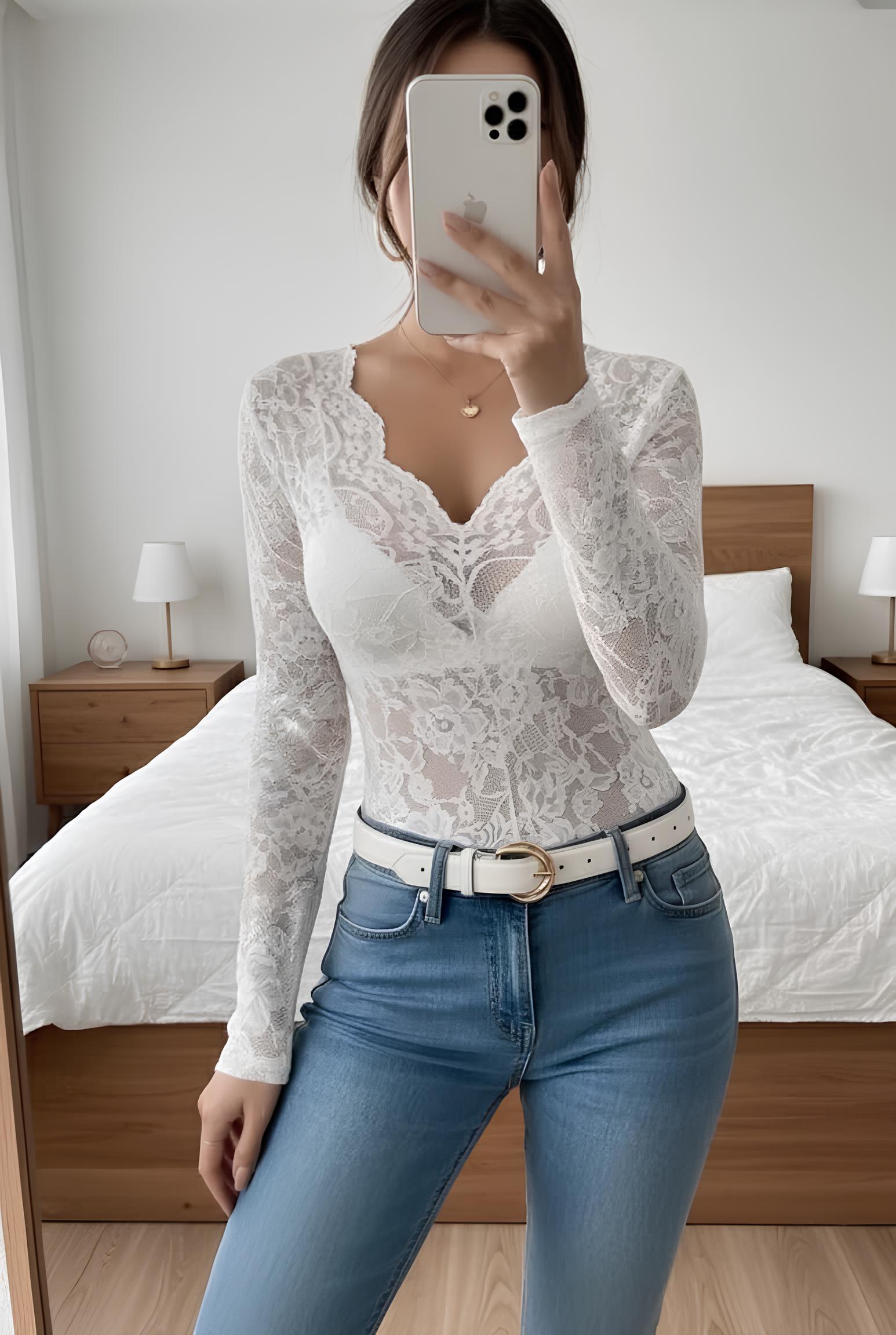 Top Femme Col V en Dentelle Découpée à Manches Longues