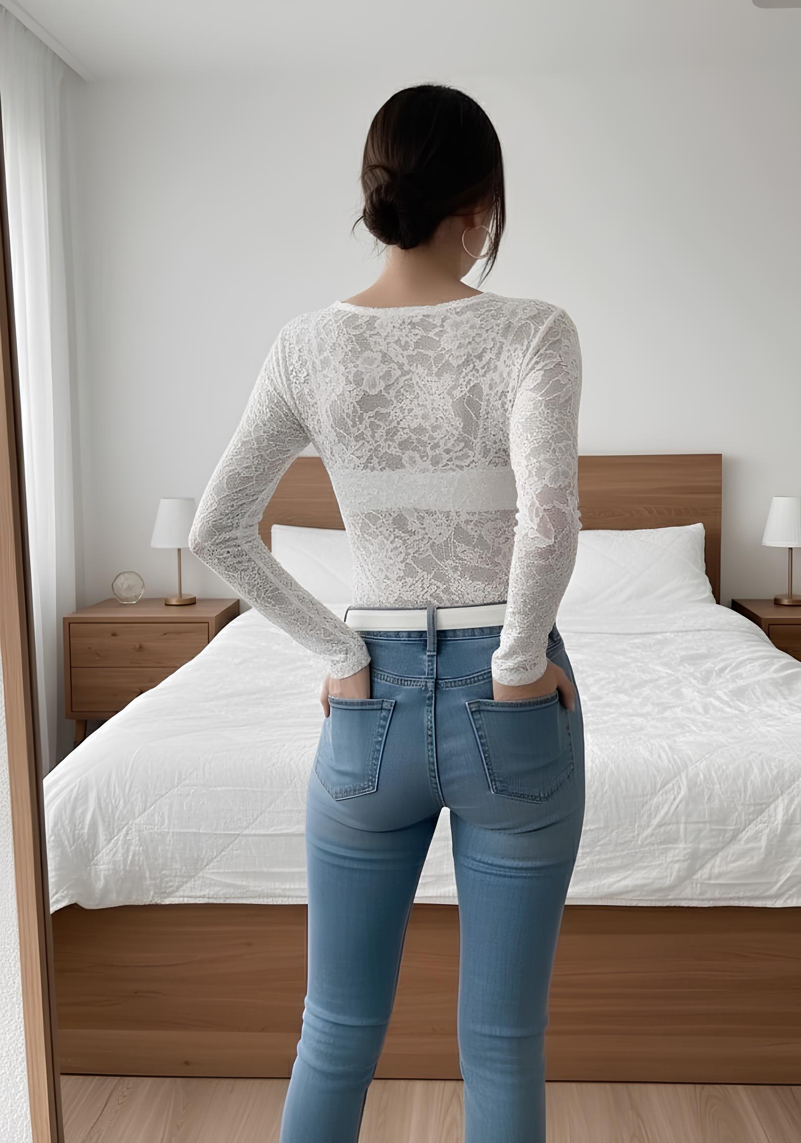 Top Femme Col V en Dentelle Découpée à Manches Longues