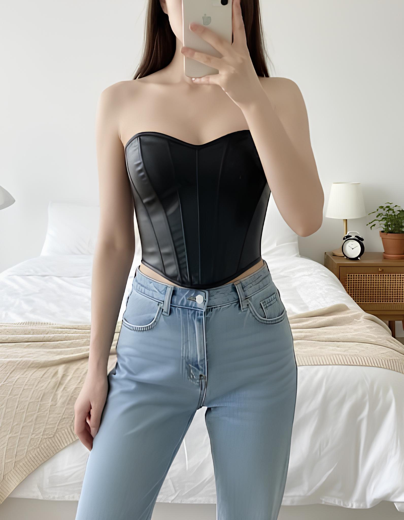 Corset Bustier en Similicuir – Sans Bretelles & Effet Gainant
