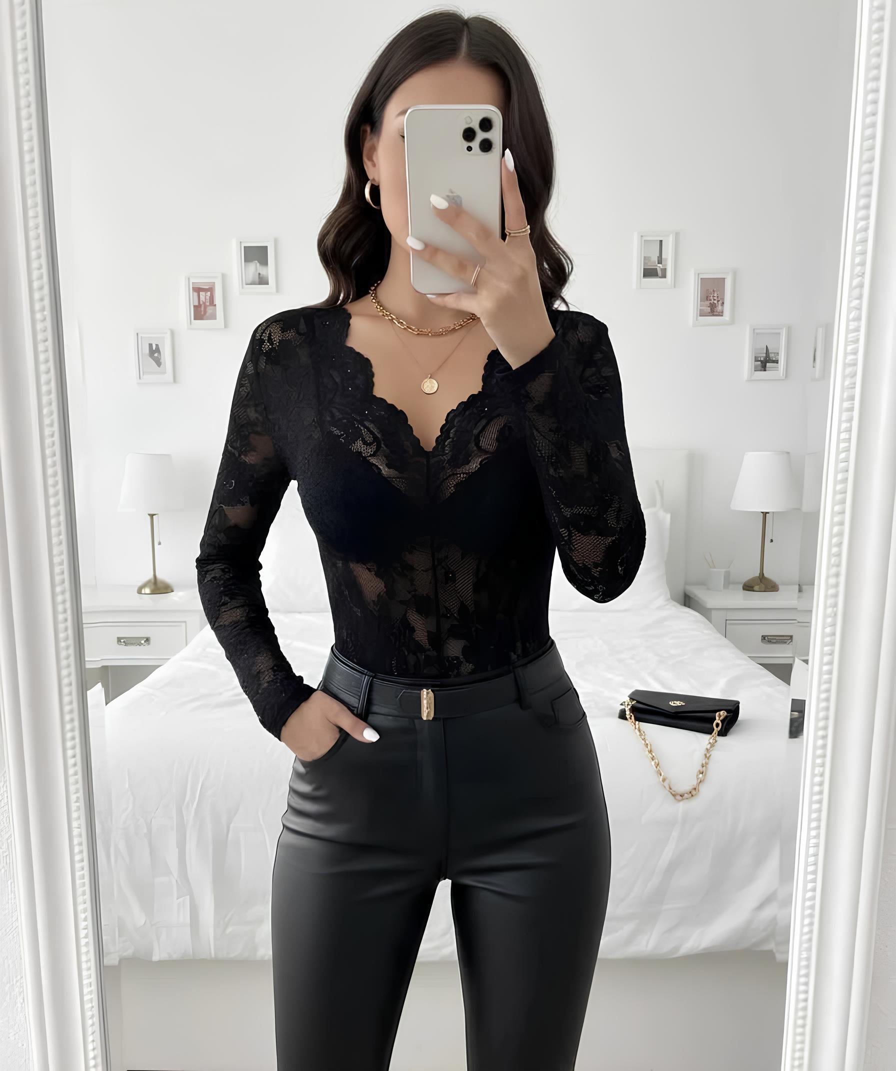 Top Femme Col V en Dentelle Découpée à Manches Longues